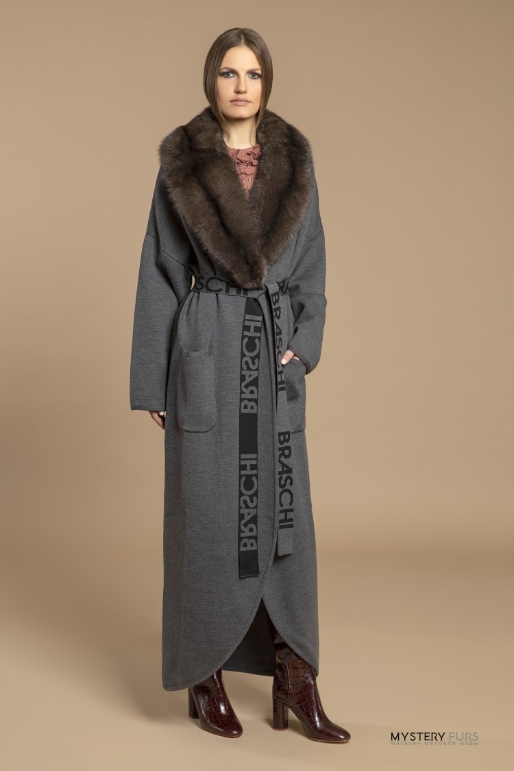 BRASCHI Пальто с воротником из меха соболя №ЛП0102. Цвет стальной